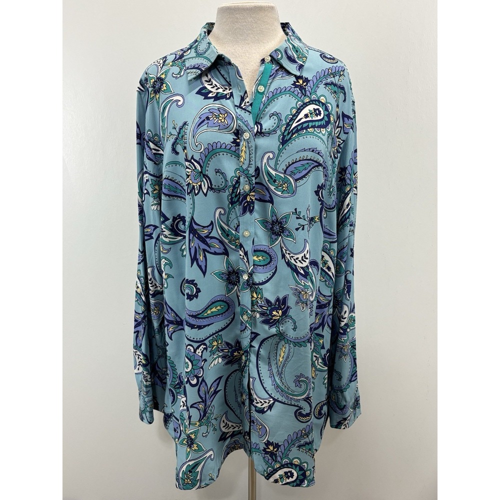 Talbots Button Up Tunic Top Shirt Women's 3X Plus Blue Paisley Rayon